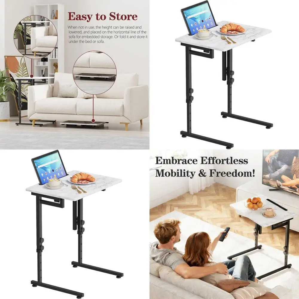 

Portable Adjustable Height TV Tray Table, Compact C-Shaped Side Table for Dining, Sturdy MDF Top, Slides Under Couch, White Marb