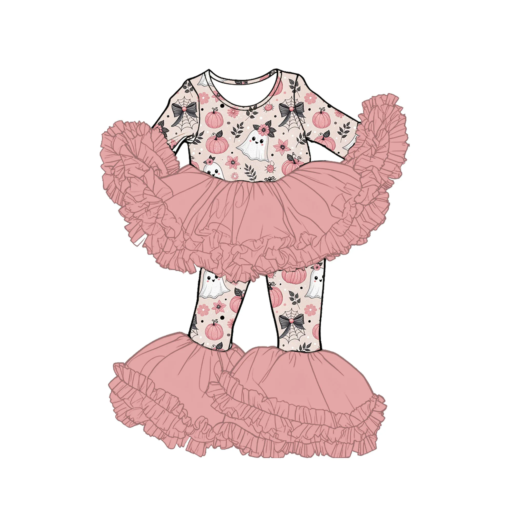 Hot Sale Boutique Girls' Set Long-sleeve Top Paired with Trousers Multi-layer Mesh Halloween Bow Print Custom Wholesale