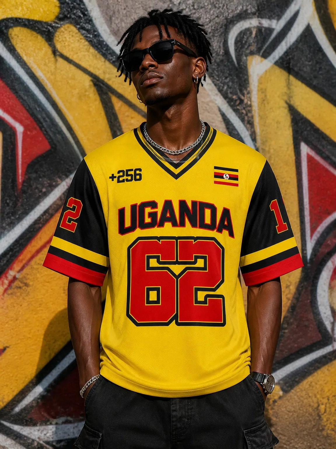 Uganda Satin V-Neck T-Shirt, Men's Ethnic Retro Print Flag Pattern, Vacation Fashion T-Shirt, Popular Style