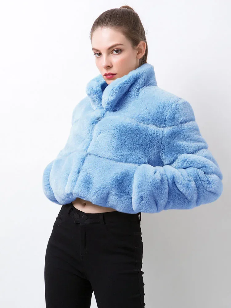 High quality stand up collar splicing artificial rabbit fur coat women's winter fur top artificial fur leather jacket