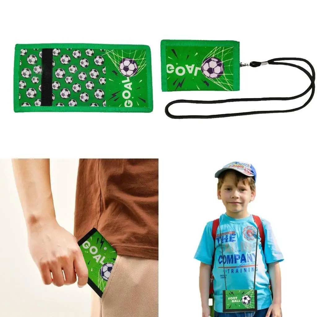 

D46D Football Print Neck Childrens Small Wallet with Zippered Coin Pocket and Card Holder Travel Mini Purse for Boy
