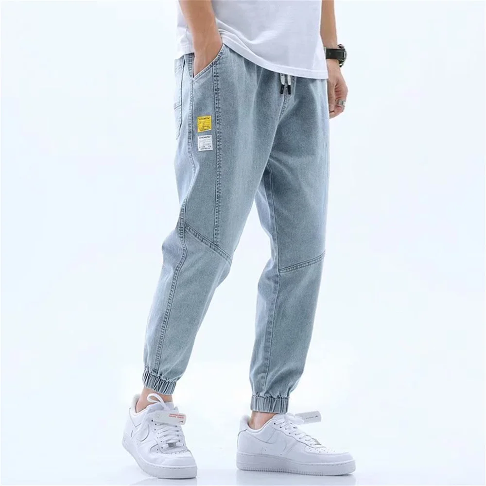 2024 Summer Men\'s Jeans Jogger Thin Harem Pants Cotton Banded Pant Korea Style Light Blue Hip Hop Beam Feet Casual Trousers Male