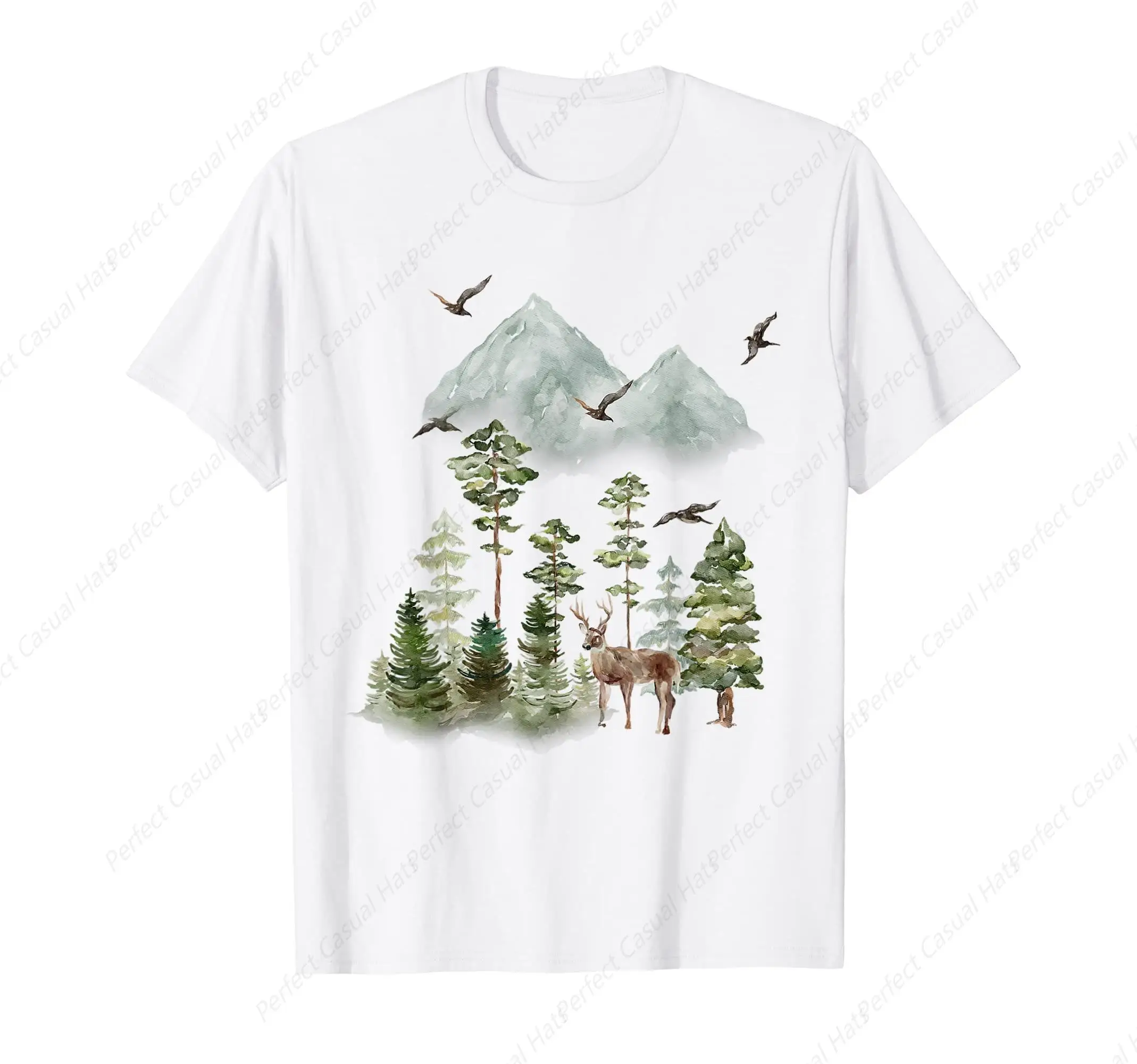 Forest Mountain Wilderness Landscape Watercolor Nature Men Women T-Shirt Leisure Cotton High Quality Tees Tops