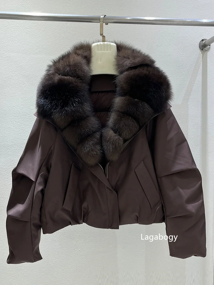 Lagabogy Women's Winter Down Jacket Real Fur Coat Huge Natural Fox Fur Duck Down Jacket Casual Female Feather Parka Puffer Coat