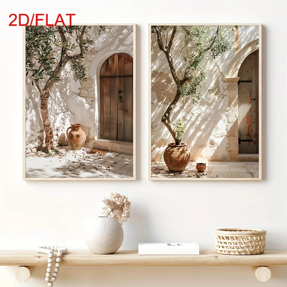 2 unids/set de carteles artísticos de pared de sombra de sol bohemia con impresión en lienzo de olivo mediterráneo rústico para decoración del hogar de granja moderna