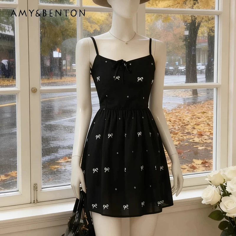 

French Sweet Bow Printing Embroidery Women's Camisole Dress 2026 Spring Summer New Black Slimming Elegant Short Dresses Ladies