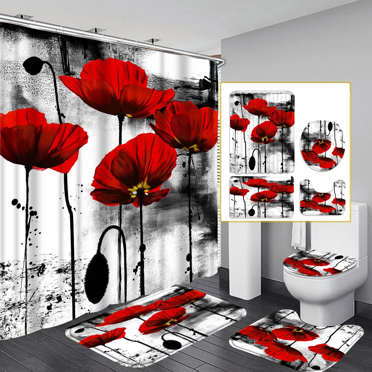 1/4 piece flower simple pattern waterproof shower curtain or waterproof anti-slip shower curtain set, 12 free hooks