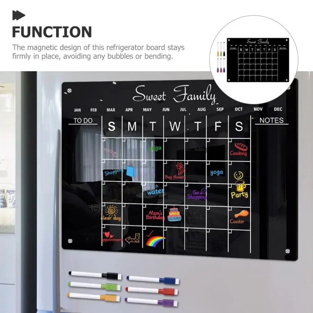 Black Acrylic Magnetic Weekly Planner Board, Dry Erase Fridge Calendar Memo Board, Refrigerator Sticker, Home Kitchen Office
