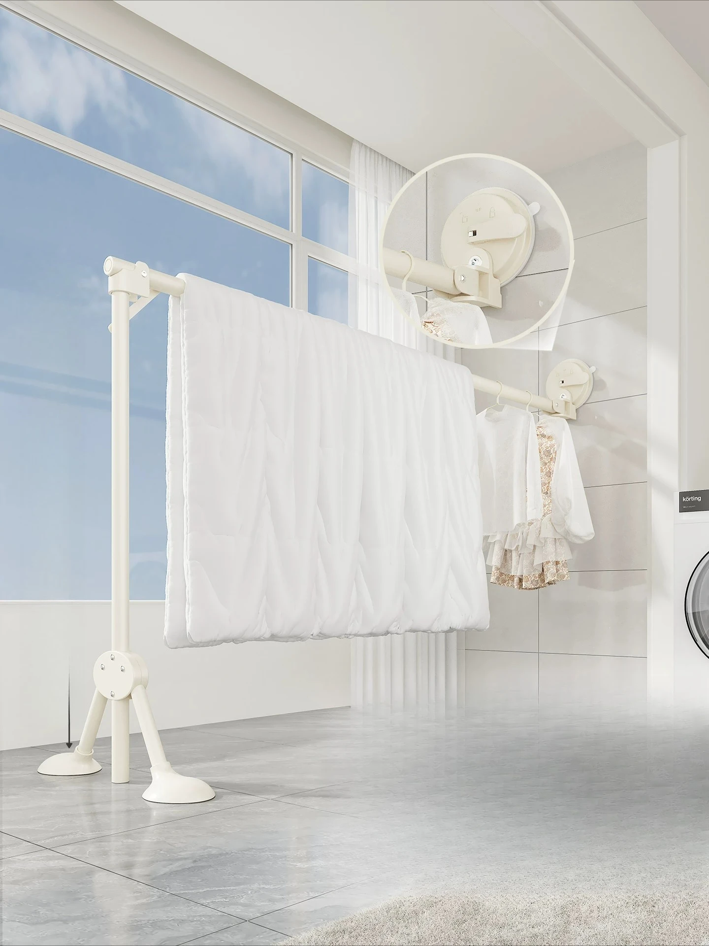 Balcony does not take up space, suction cup folding drying rack,  hanging hanger, indoor household quilt drying support rod