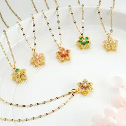 Stainless Steel Chain Luxury Rotatable Colorful Zircon Flower Pendant Necklace for Women Lady Fashion Jewelry Accessories Gifts