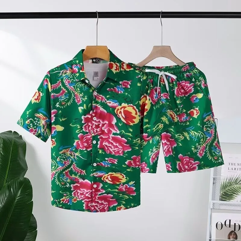 Comfortable Flowers Plants Ink Wash Painting 3D Print Shirt +Shorts Two Piece Set Short Sleeve Flip Collar Shirts Half Pants