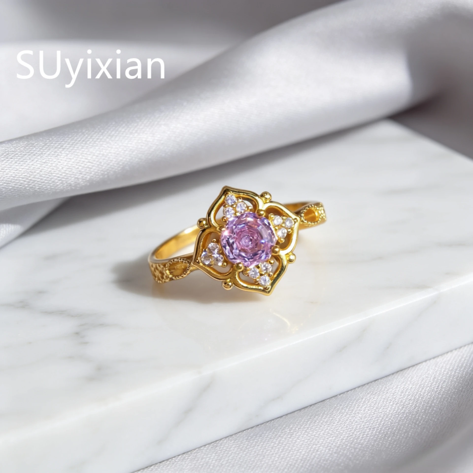 925 Sterling Silver Gold Plated Seiko Millennium Rose Cut Rose Red Zircon Hollow Petal Ring, Ladies Jewelry