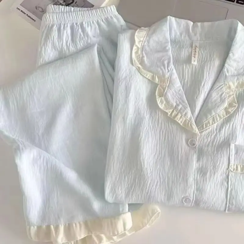 Women's Lace V-Neck Pullover Long Sleeved Long Pant Home Suit Set for Girls In Spring Autumn New Pajamas for Women Two-Piece Set