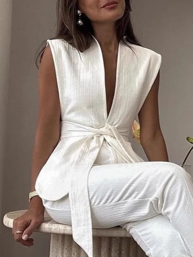 ZMEENNA Gilet bianco con scollo a V profondo da donna con vita legata e design senza maniche elegante e chic casual per l'estate ZM3798