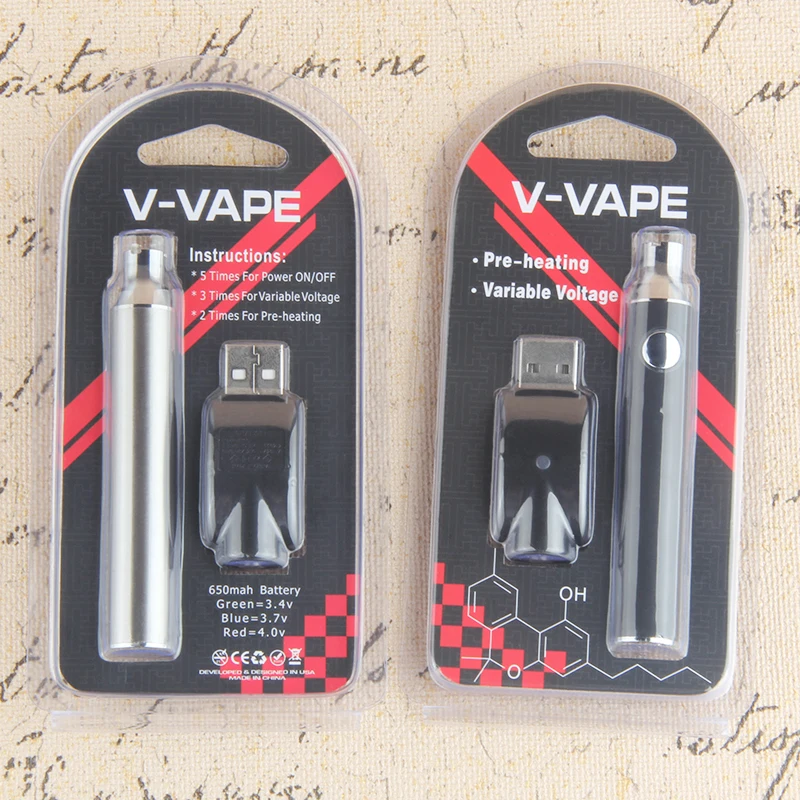 Cigarrillo electrónico 650mAh Evod V Vape Precalentamiento Botón de ajuste Batería Ecigs de voltaje variable para cartuchos de aceite CBD