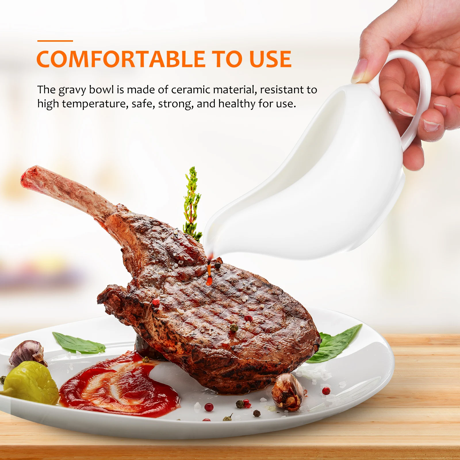 

Gravy Boat with Ladle Ceramic Sauce Container Moderate Capacity Drip Free Spout Dishwasher Safe Serving Bowl for Condiments