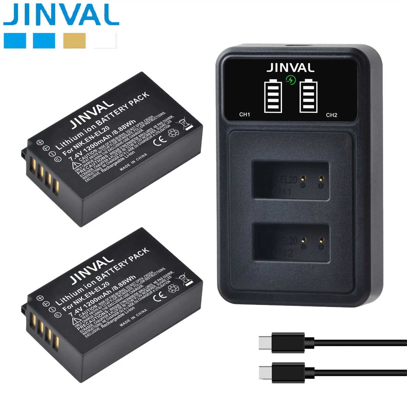 JINVAL EN-EL20 Battery ENEL20 EL20 1200mAh Rechargeable Batteries + PD20W Fast Dual Charger For Nikon Coolpix P1000 P950 1 J3 V3