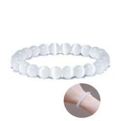 Noter 100% Natural White Cat Eyes Stone Bracelet Women 4/6/8/10/12mm Smooth Beaded Braslet Gifts For Lovers Moonstone Braclet