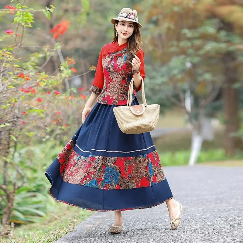 

2025 женская юбка с семь разделительными рукавами, 2 шт., женский наряд большого размера 5XL, осенний женский модный хлопково-льняной улучшенный Cheongsam