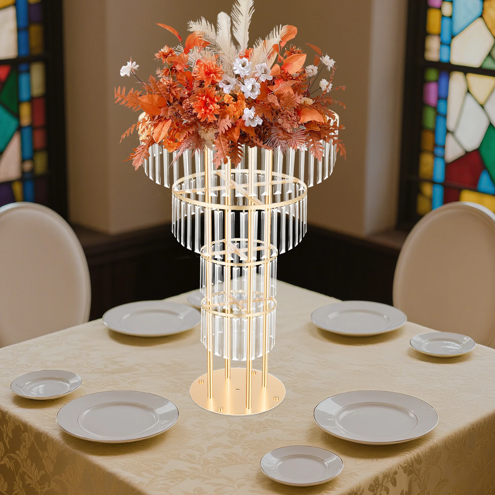 

4-Tier Gold Wedding Crystal Flower Stand, Round Pedestal Iron Acrylic Freestanding Flat Iron Style