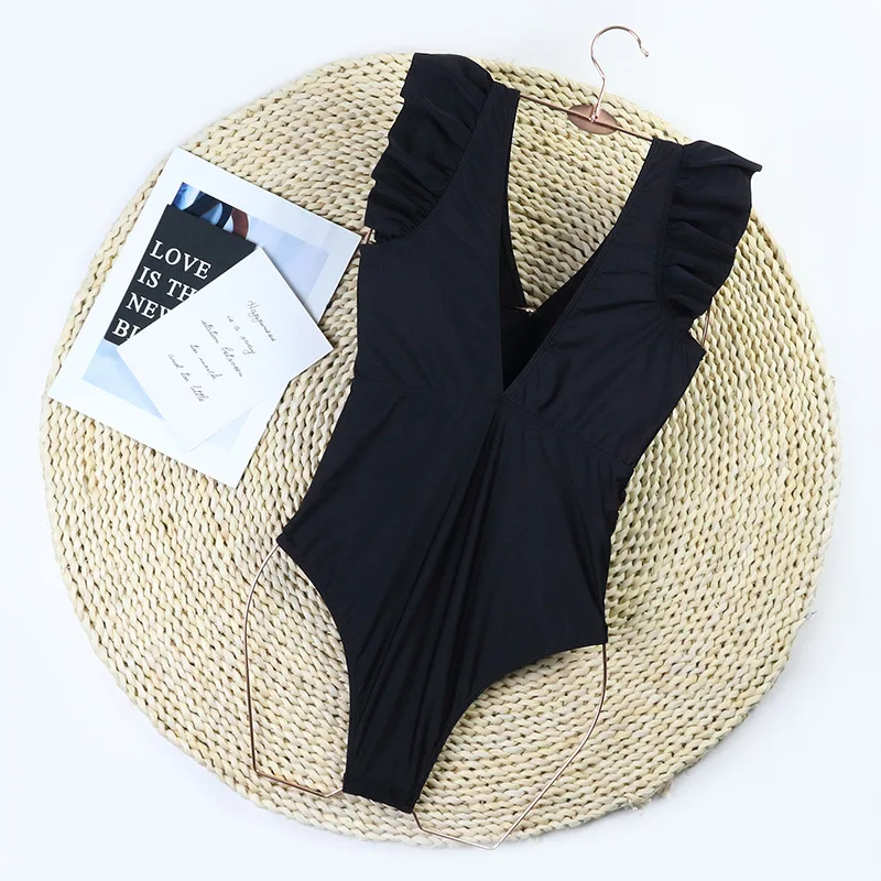 Traje de baño negro de una pieza 2025, traje de baño fruncido con Control de barriga, traje de baño para mujer, traje de baño, ropa de playa, Monokini, trajes de baño para mujer