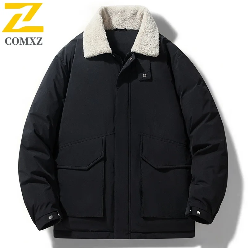 

COMXZ 2025 мужской зимний короткий пуховик национального стандарта на 90% утином пуху облегающий воротник из флиса ягненка модный офис ​ Верхняя одежда