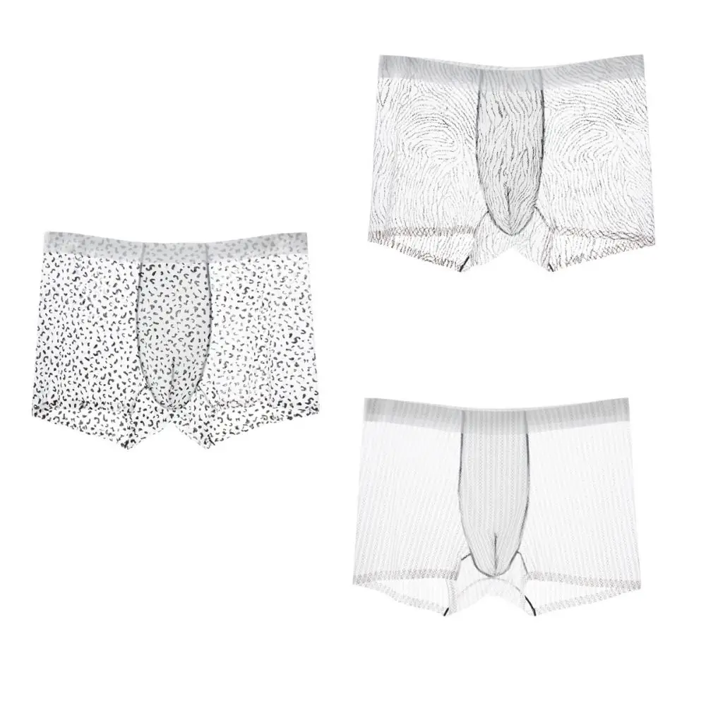 Simple Thin Ice Silk Boxer Briefs See Through Stripe Leopard Print Boxers Lingerie Breathable Men Underwear Daily