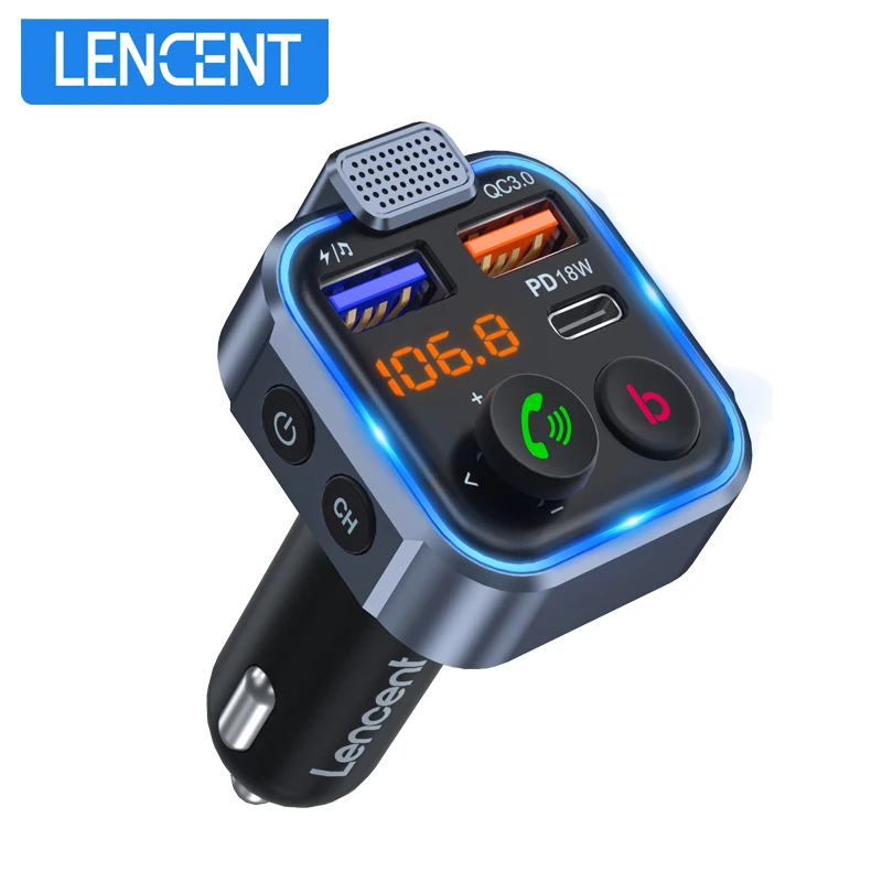 LENCENT FM Transmitter Wireless Bluetooth 5.0 Handsfree Car Kit with Type-C PD 20W+ QC3.0 Fast USB Mp3 Player