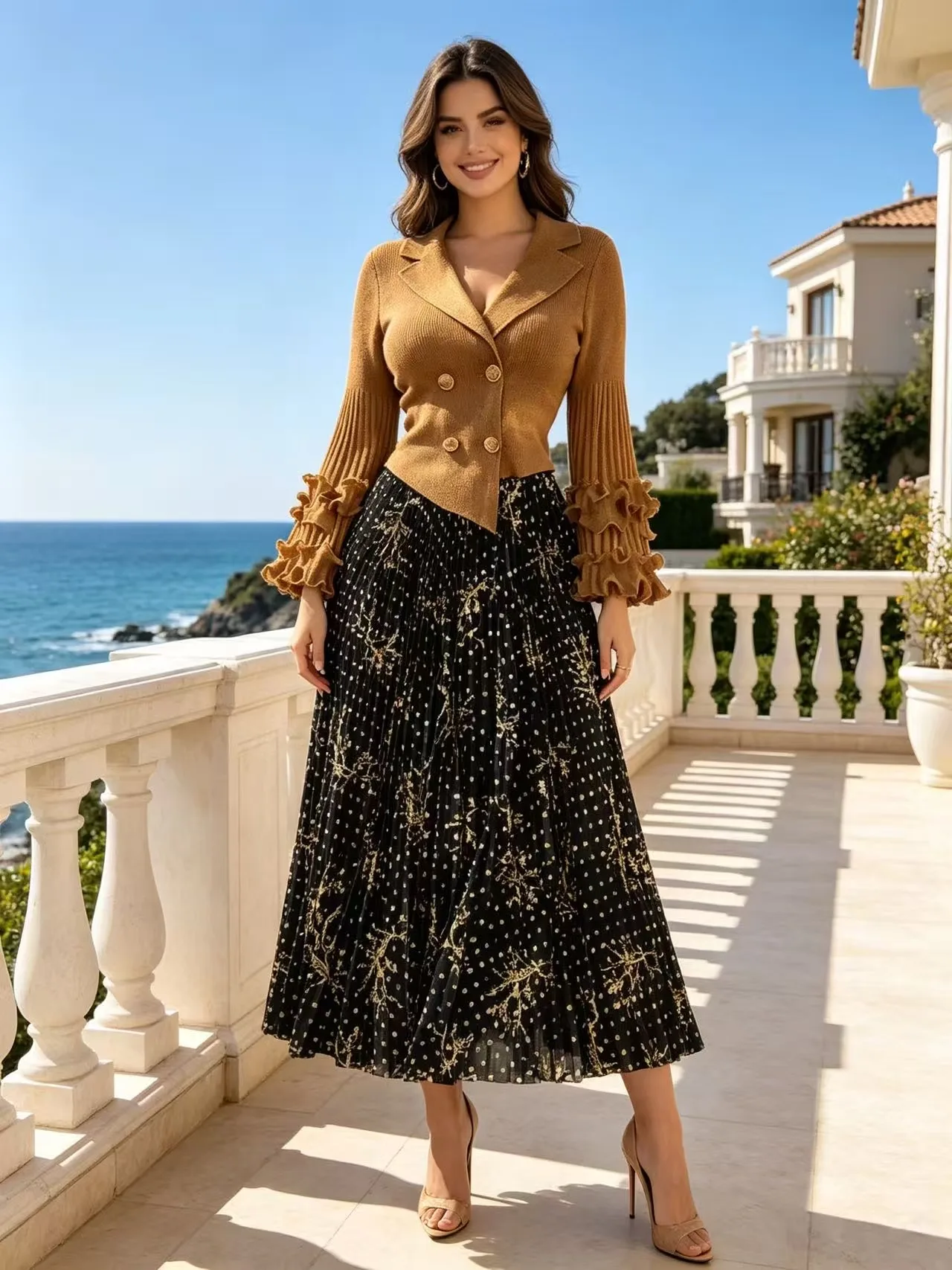 Miyake Polka Dot Ironing Silver Disc Lantern Sleeve Pleated Suit Collar Splicing Bronzing Pleated Dress Women Clothing