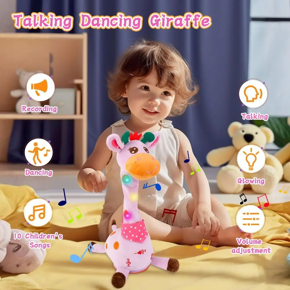 Repeating What You Say Dancing Talking Giraffe Toy Adjustable Volume Plush Swaying Dancing Giraffe with 10 Songs Glowing
