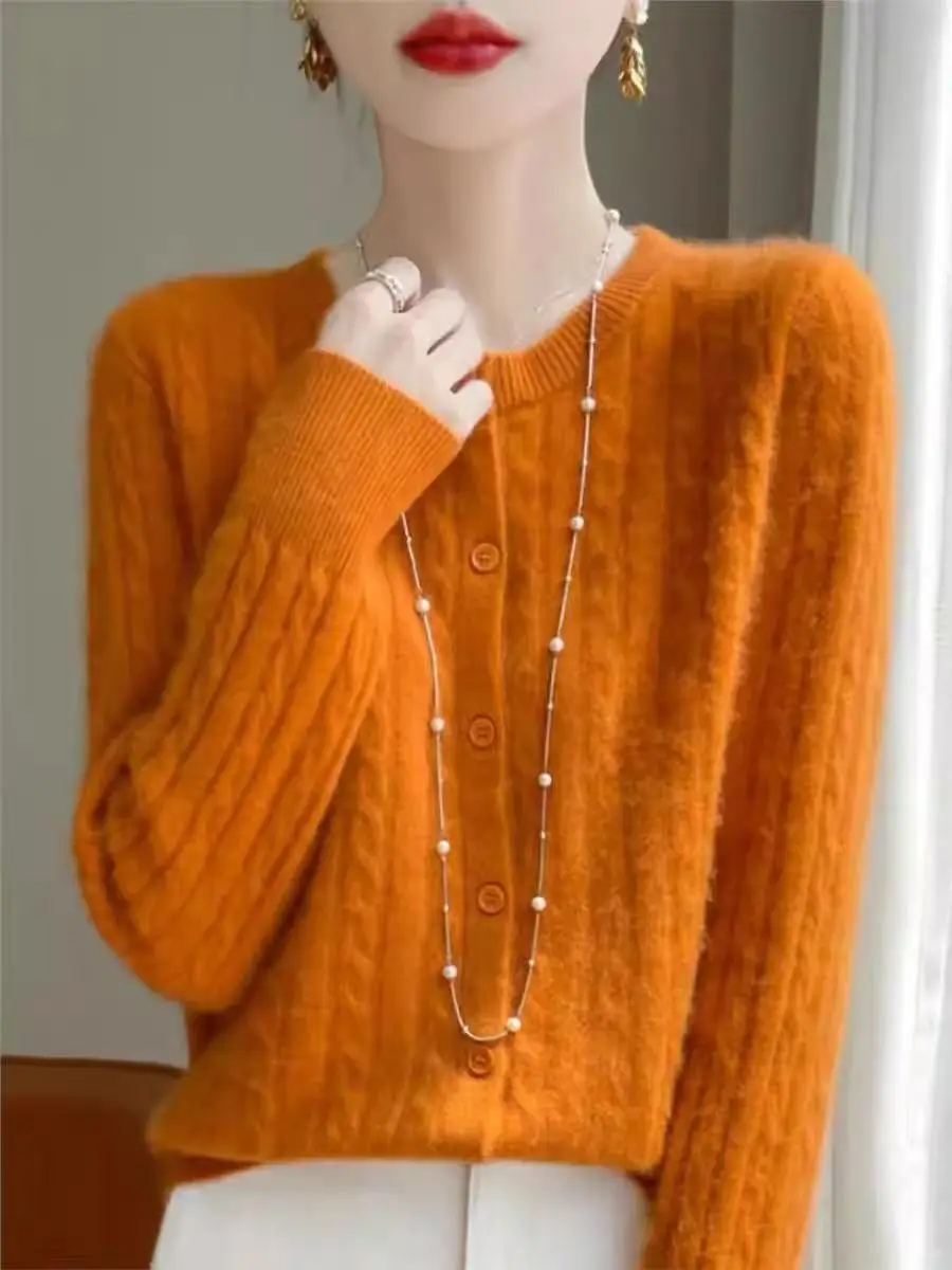 Ay malha bordada redonda Ne Open Cardigan Outerwear botão único primavera outono suéter top simples solto sle longo S...