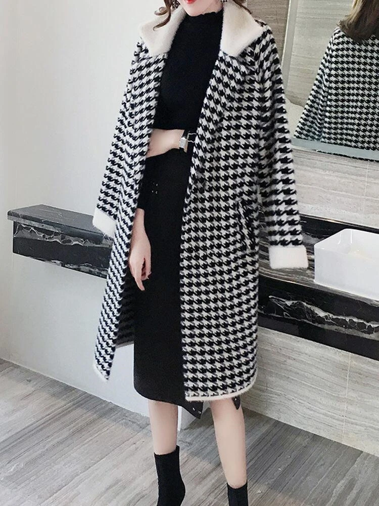 Women  Houndstooth Mohair Cardigan Autumn Mink Fur Slim Plaid Knitting  Jacket