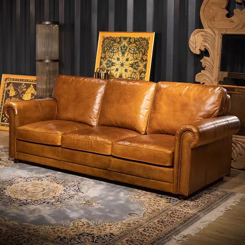 

Диван Бартон в стиле ретро, средневековый бар-сигар, прямой рядный диван для виски, мягкий диван для гостиной из масляного воска