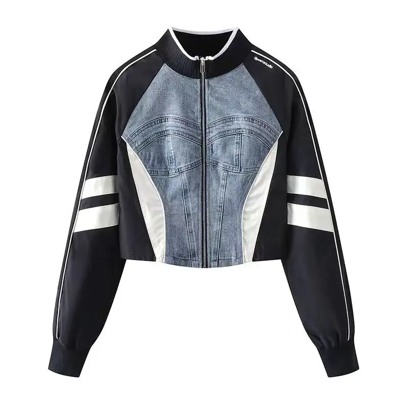 

New Fashion Bomber Jacket Women Crop Top Short Stitching Denim Jackets Streetwear Stand Collar Varsity Contrast Coat Slim fit