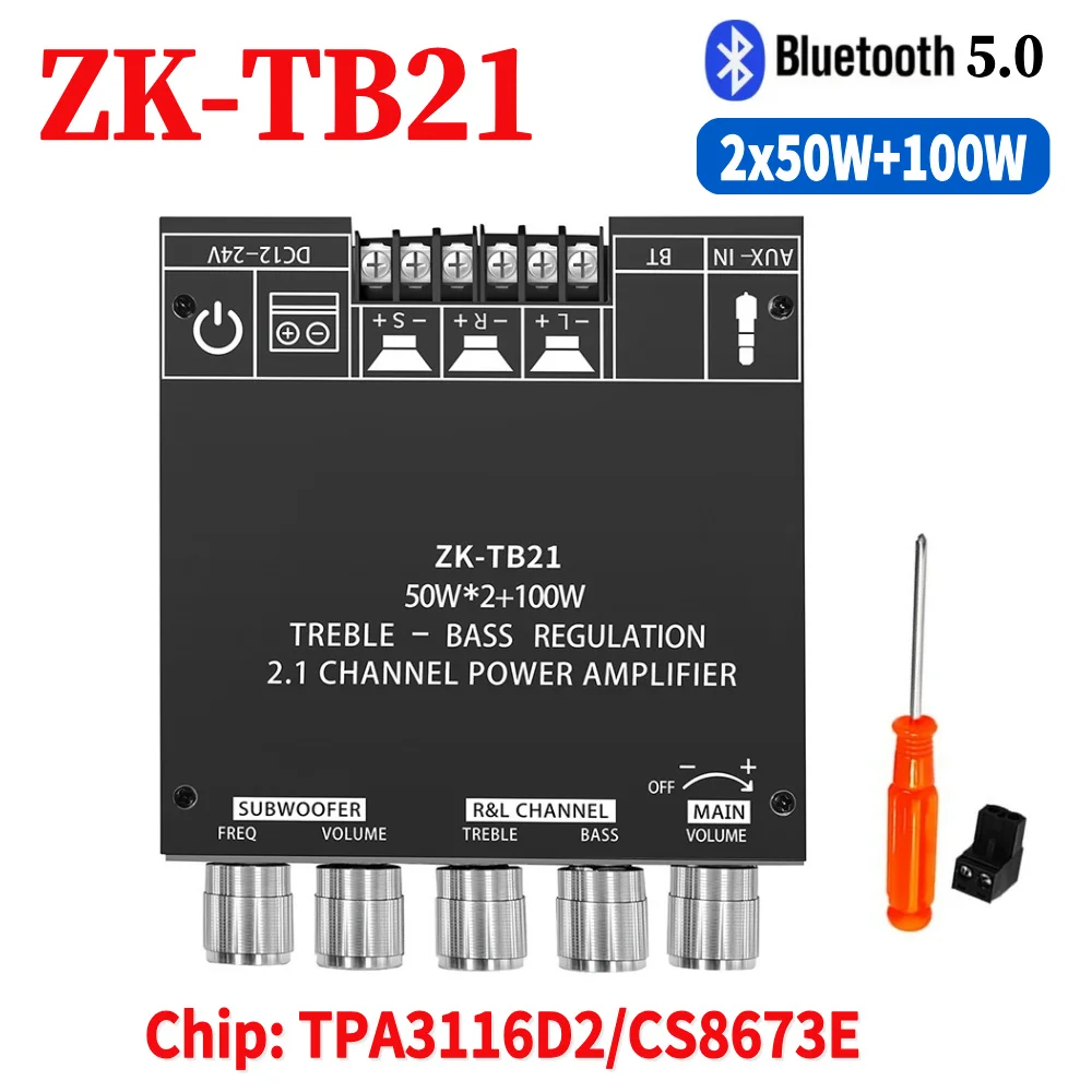 ZK-TB21 50WX2+100W 2.1 Channel HIFI Bluetooth 5.0 Subwoofer Amplifier Board CS8673E/TPA3116D2 Chip With Filter