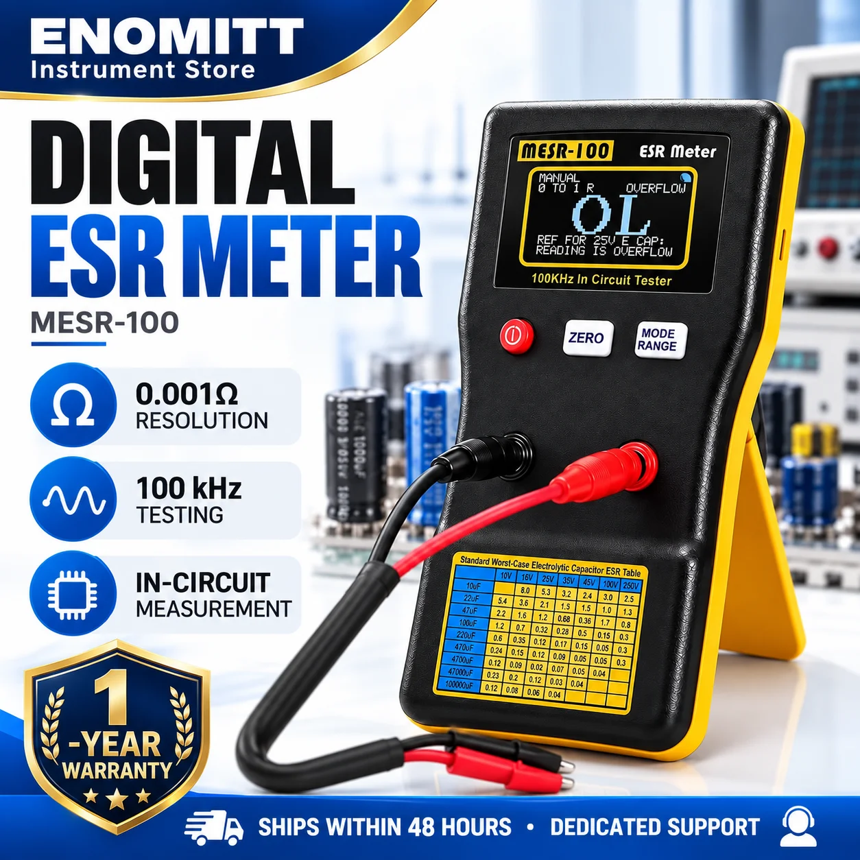 ESR Meter Capacitor Tester, 0.001~100R Low Ohm Meter Measurement Internal Resistance Capacitors, Capacitance Circuit Tester