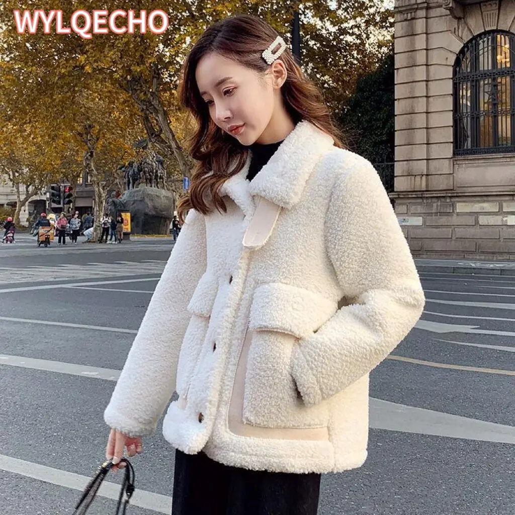 дубленка женская Korean Fashion Thick Wool Jacket 2023 Warm Women\'s Winter Sheepskin Coat One Piece Fur Coats