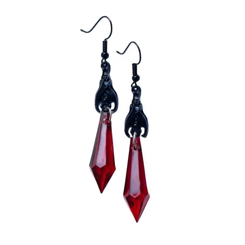 Gothic Black Bat with Blood Red Faceted Drops Women`s Vintage Earrings