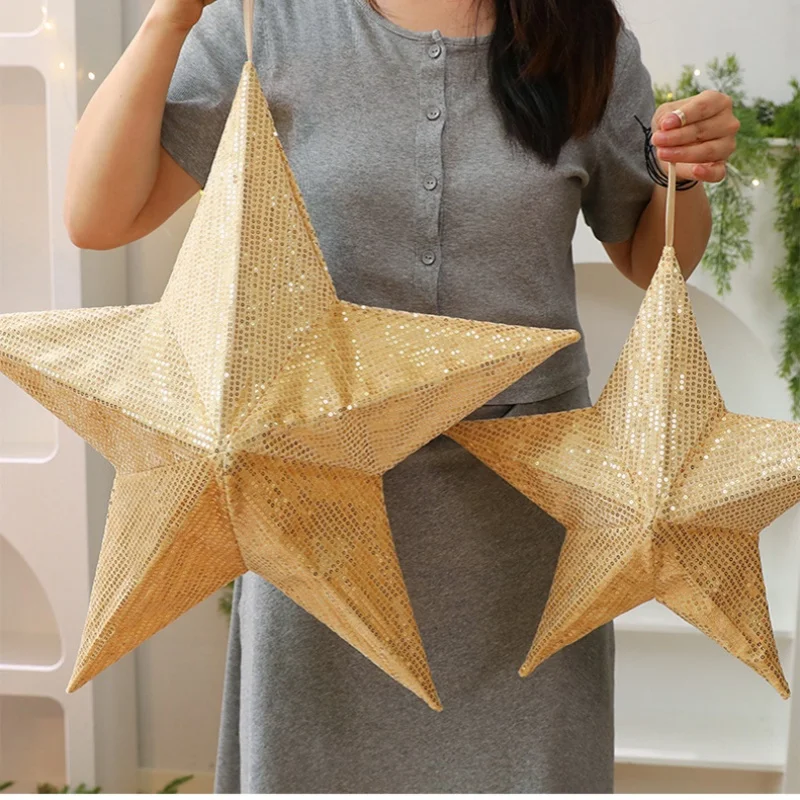 

35/55cm Christmas Gold Star Decoration Pentagram Hanging Red with Stereoscopic Red Star Glitter Christmas Tree Decor Hanging