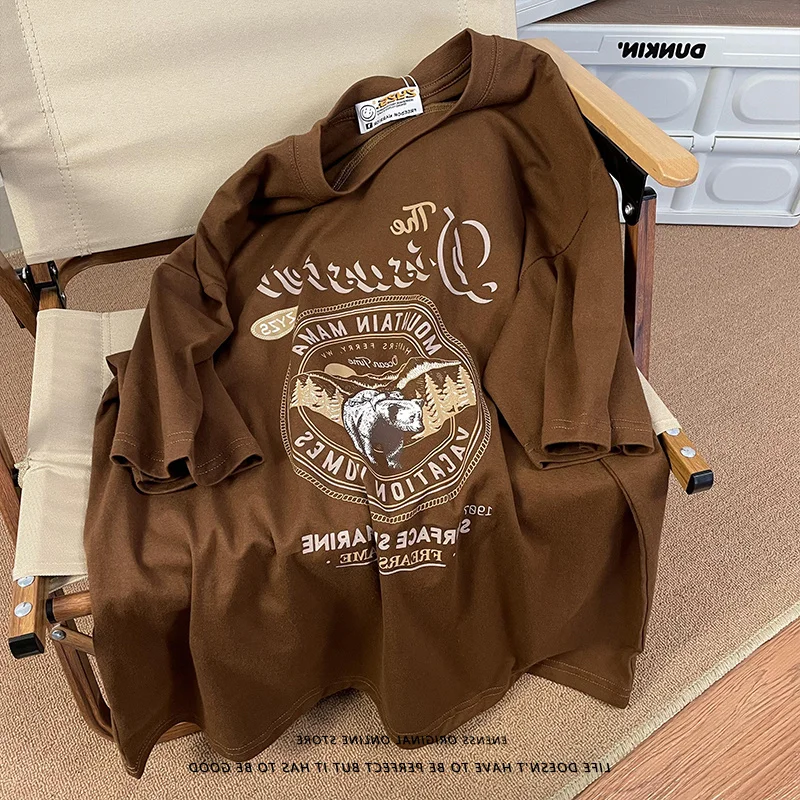 Vintage Large Size American Retro Brown Design ort Sve T-irt Women Summer Hong Kong Sle Chic Vintage Top