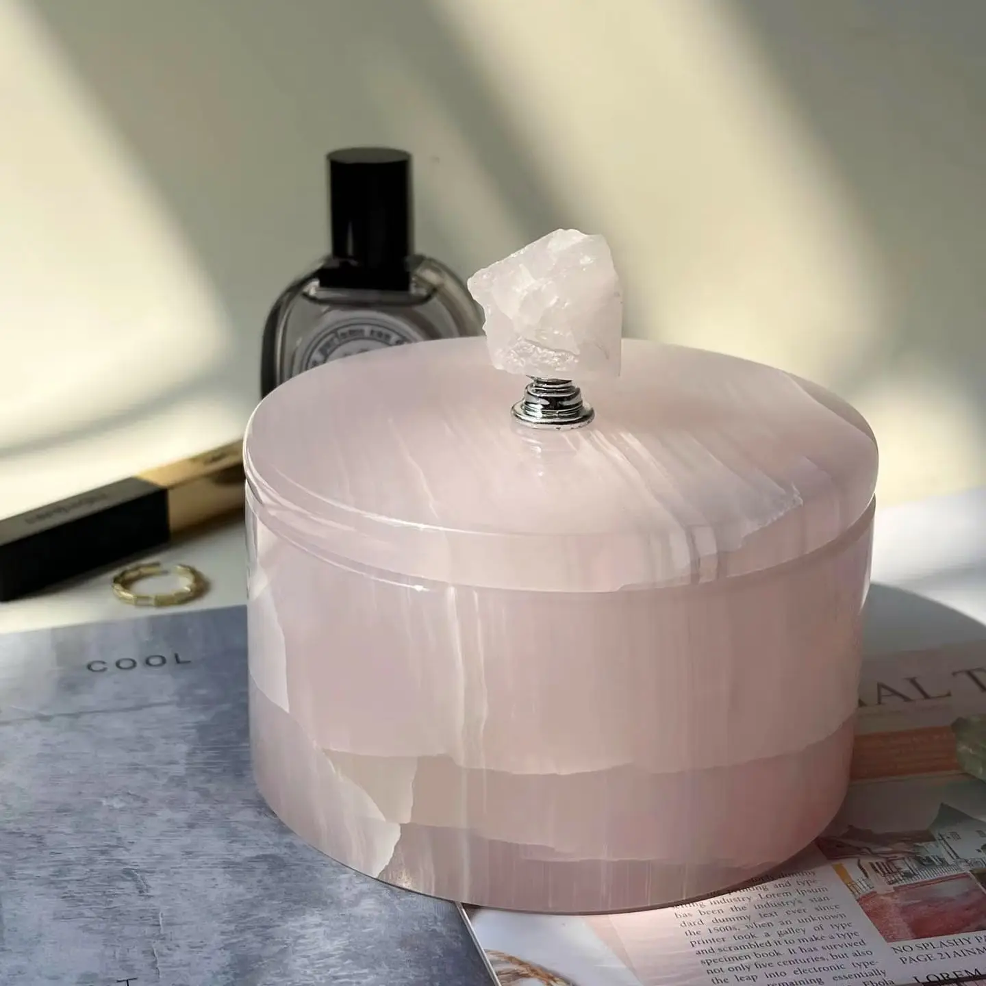 LuxuryNatural Pink Jade Storage Jar, Light Luxury Vanity Jewelry Organizer Box, Cotton Swab & Aromatherapy Holder