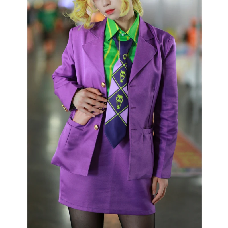 

JoJo's Bizarre Adventure Kira Yoshikage Cosplay Costume Purple Style Female Version Jacket Tshirt Skirt Tie Anime Halloween Suit