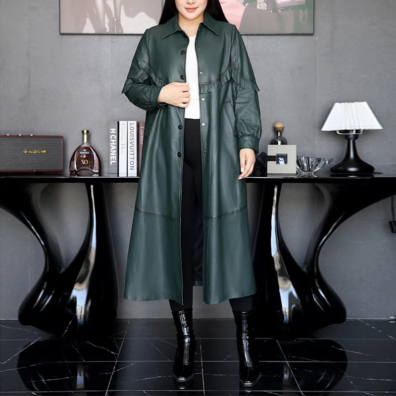 

Plus 4XL Women's Large Size Genuine Leather Trench Jacket Fashion Ruffle Design Loose Slim Ladies Long Sheepskin Trench Coats