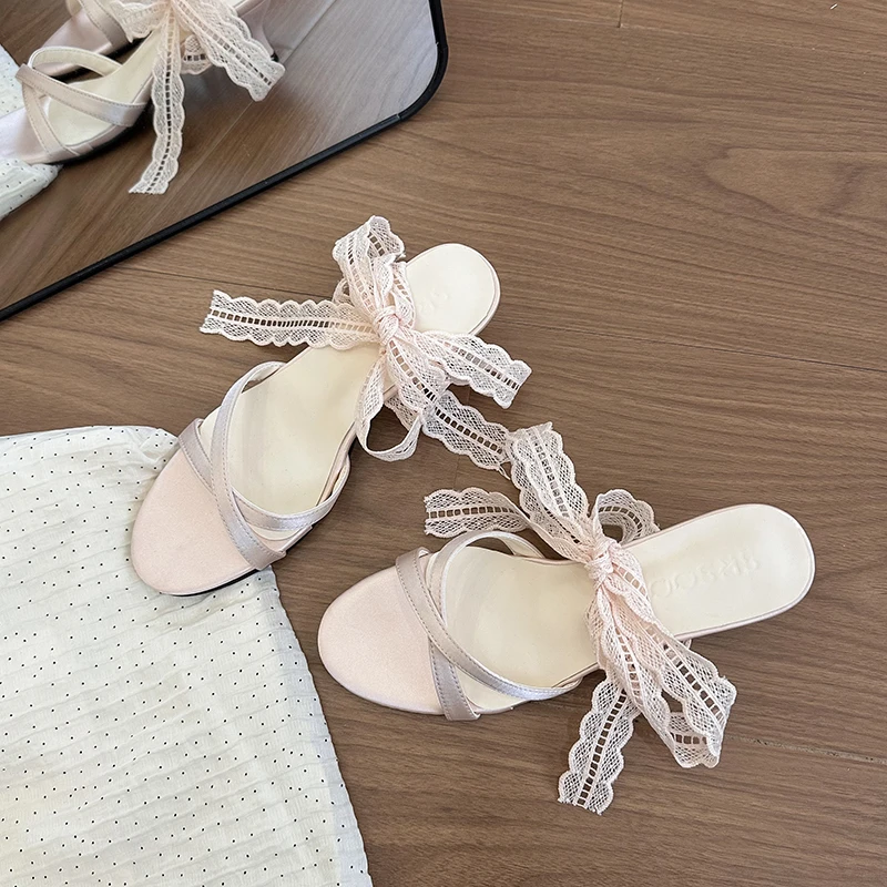 

Women's Summer New Gentle Fairy Style French Stiletto Roman Shoes Beautiful Lace Cross-strap Open-toe Sandals