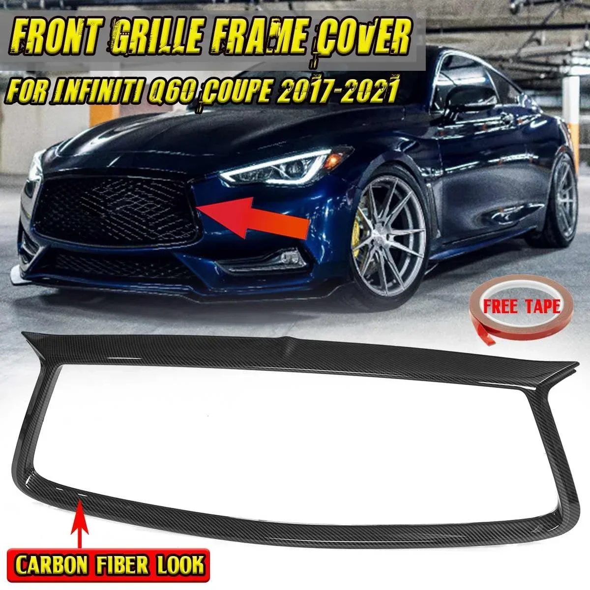 

New Car Front Grille Frame Cover Outline Trim Cover Overlay For Infiniti Q60 Coupe 2017-2021 Front Grille Protector Body Kit