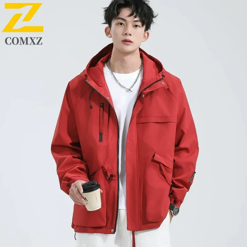 

COMXZ Мужская ветровка с несколькими карманами и капюшоном, водонепроницаемая уличная красивая походная куртка для кемпинга, 2024, универсальное дорожное пальто