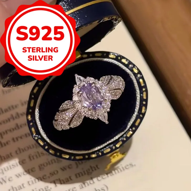 925 sterling silver light luxury temperament light purple synthetic zircon adjustable opening ring daily elegant ring