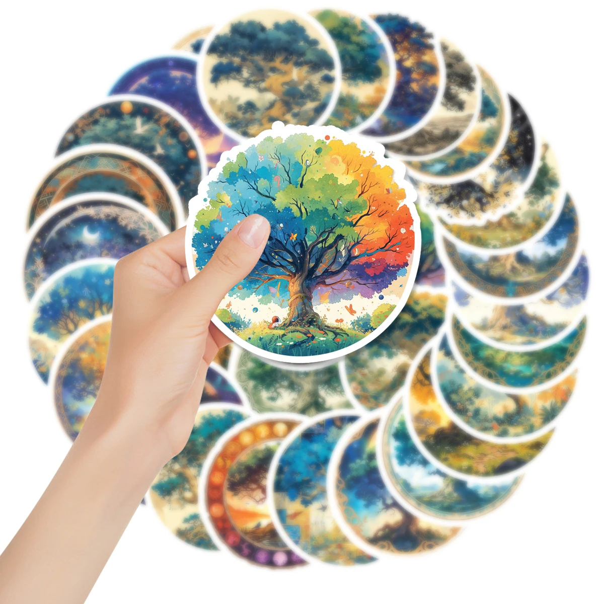 50pcs Colorful Tree of Life Sticker Towering Tree Trendy Hand Ledger Waterproof Self-Adhesive Stickers