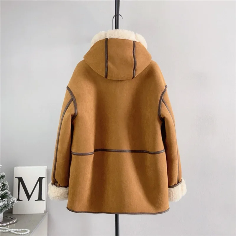 Real Wool Hooded Motocyle Coats Women Winter New Single Breasted Doubled-Faced Fur Overcoats Fashion Thick Warm Fur Jackets Tops