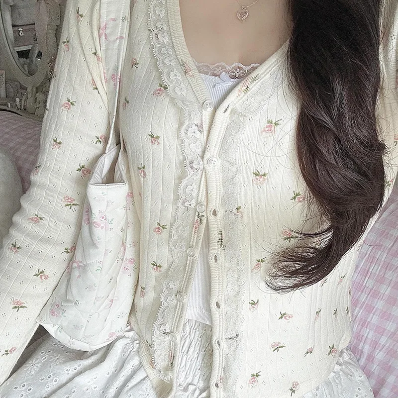 Sweet Floral Cardigans Women Spring Autumn Long Sleeve Lace Trim V-Neck Cute Tops for Kawaii Girls